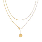 Snake Chain and Pearl-Style Long Necklace, Gold-Plated Steel — product on white background