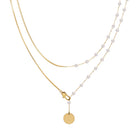 Snake Chain and Pearl-Style Long Necklace, Gold-Plated Steel