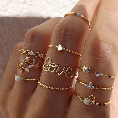 Adjustable Knuckle Ring Set with Heart and Geometric Shapes