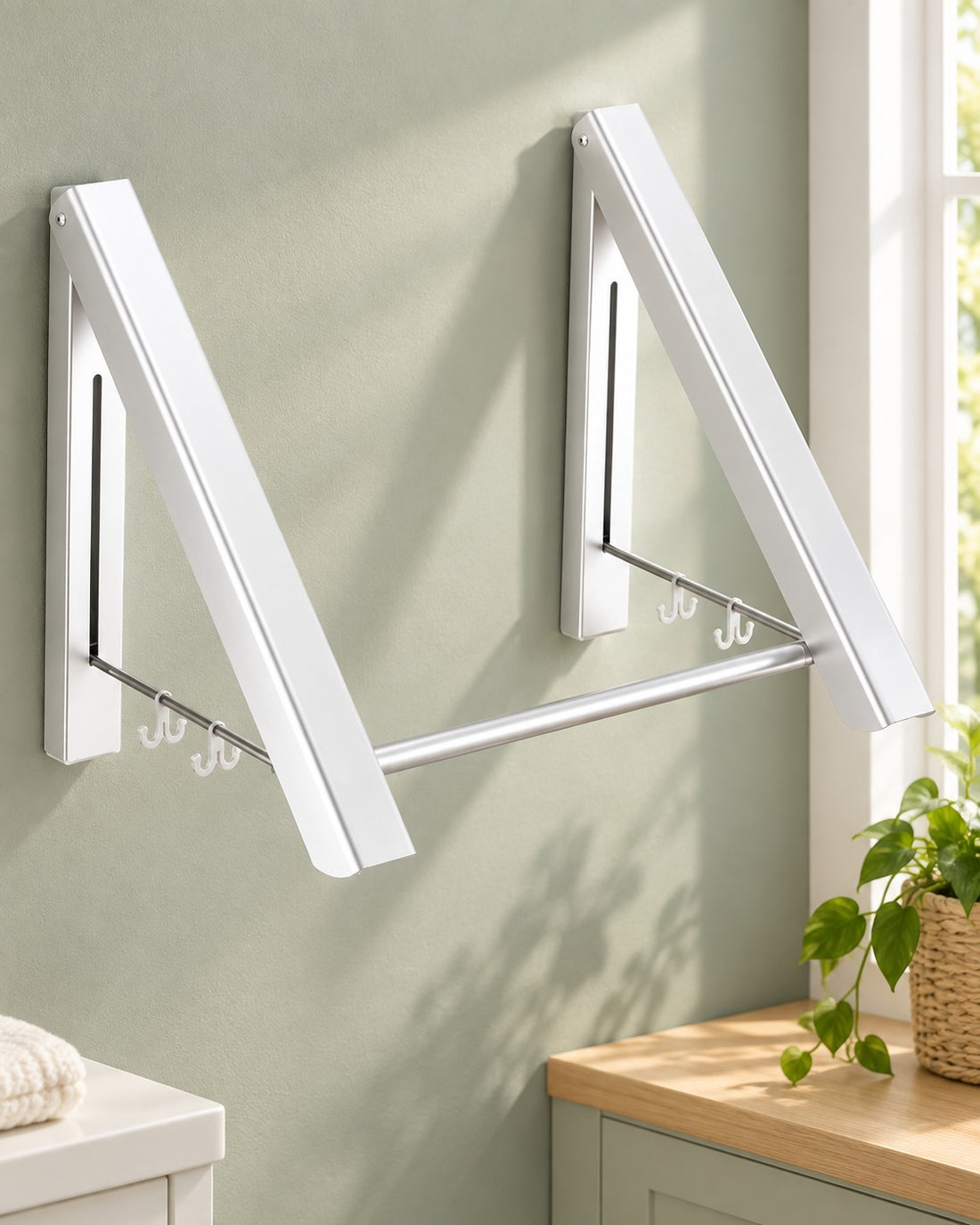 Foldaway Wall Drying Rack in the Keep Handy warm natural-light campaign