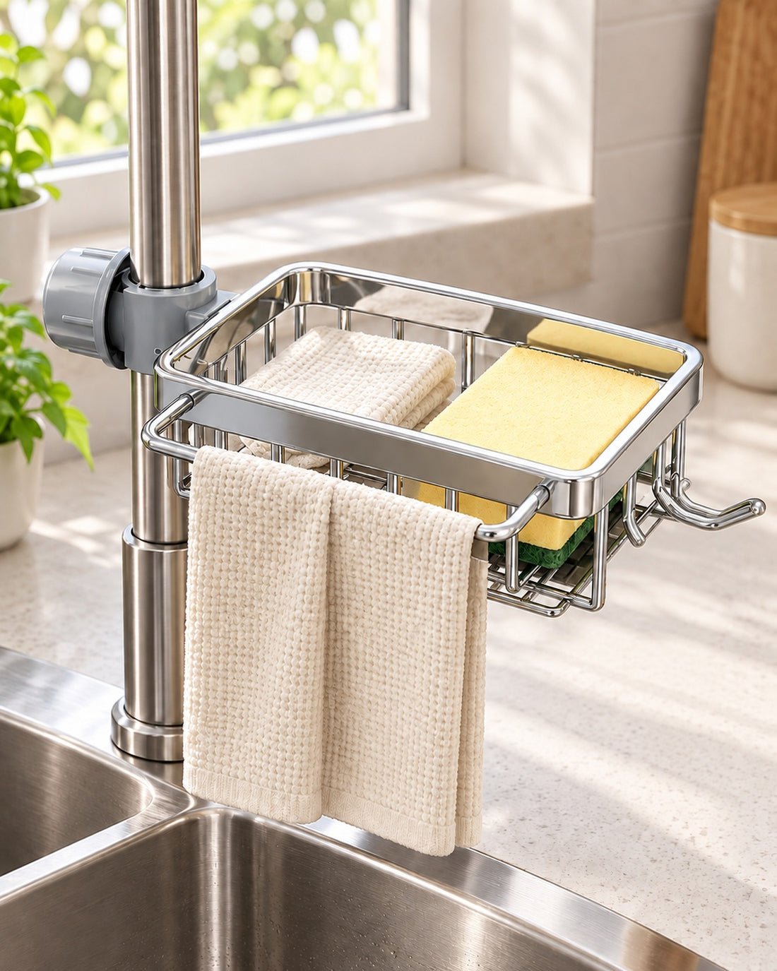Faucet-Mount Sink Caddy with Towel Pole in the Keep Handy warm natural-light campaign