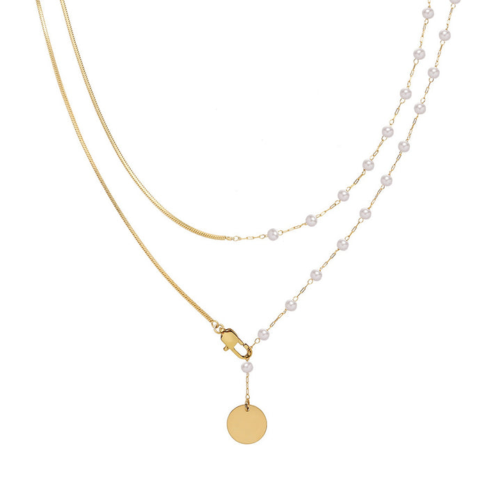 Snake Chain and Pearl-Style Long Necklace, Gold-Plated Steel — product on white background
